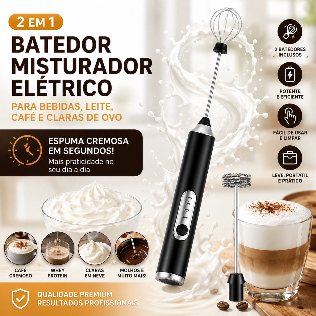 Mixer elétrico 2 em 1 para bebidas, leite, café e claras de ovo